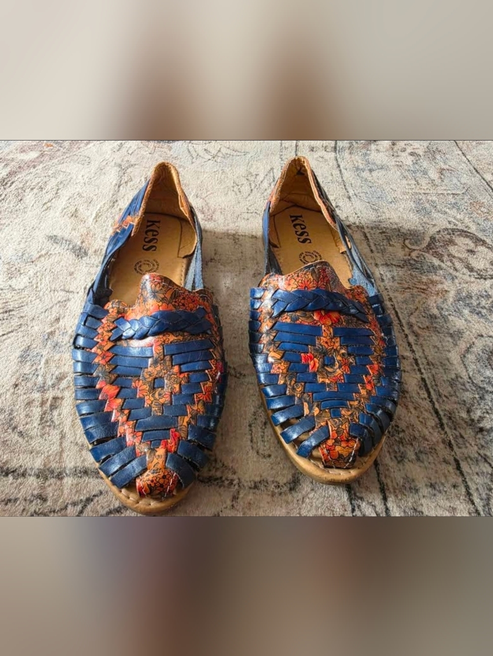 Women’s Blue Floral Leather Huarache Slip-Ons